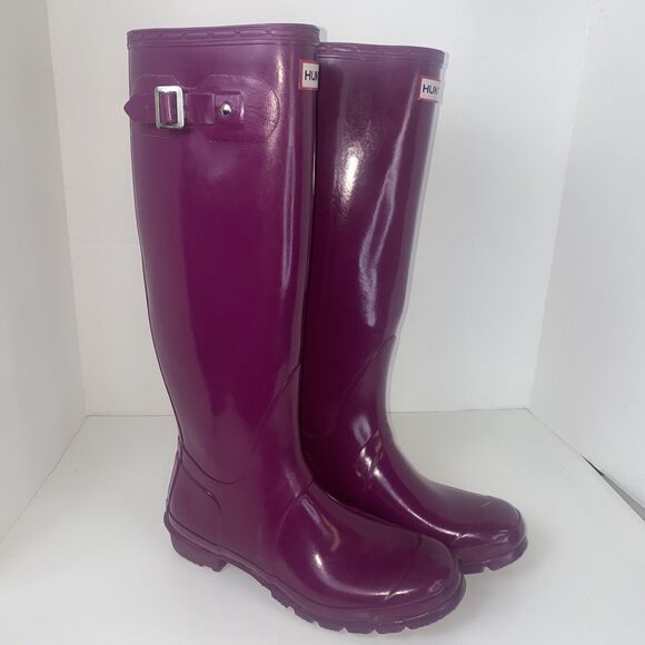 Hunter Shoes - Hunter Wellies Rain Boot Size 8 Dark Pink Magenta Purple Glossy